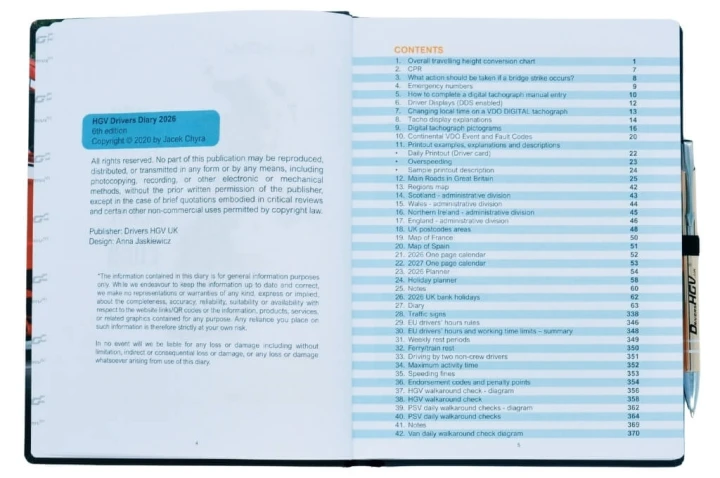 HGV Drivers Diary 2026 - Table of Contents Page