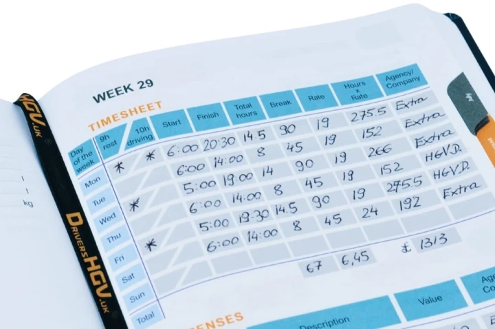 HGV Drivers Diary - Weekly Timesheet Page Close-Up