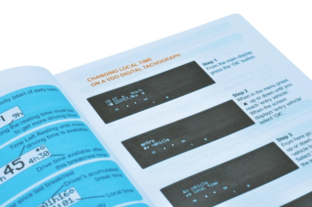 Detailed guide on changing local time on a VDO digital tachograph with diagrams of the screen interface.