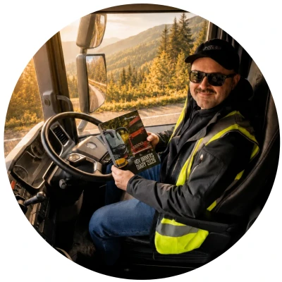 Circular portrait of Jacek Chyra, founder of HGV Drivers Diary, smiling inside a truck cab while holding the 2026 diary