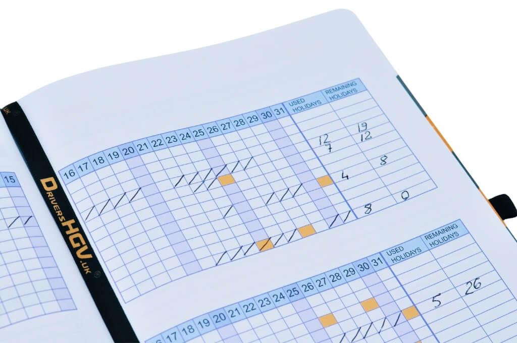 Close-up of HGV Drivers Diary page showing the holiday and annual planner grid section