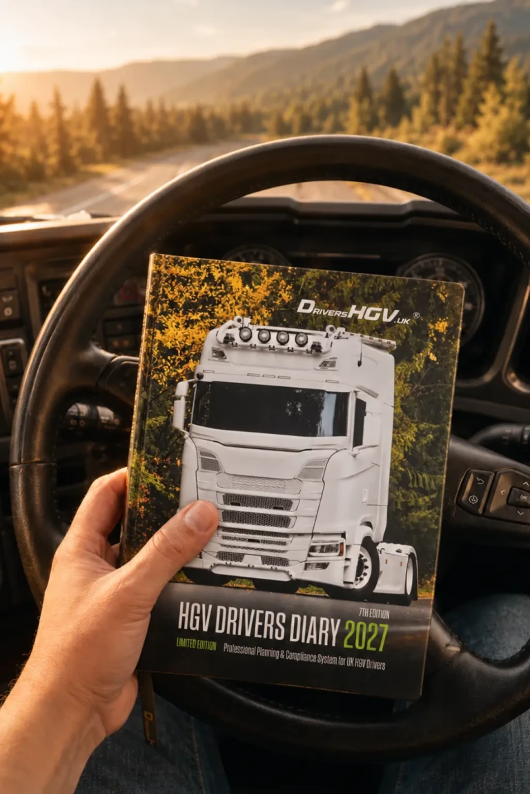 HGV Drivers Diary 2027 held inside a truck cab