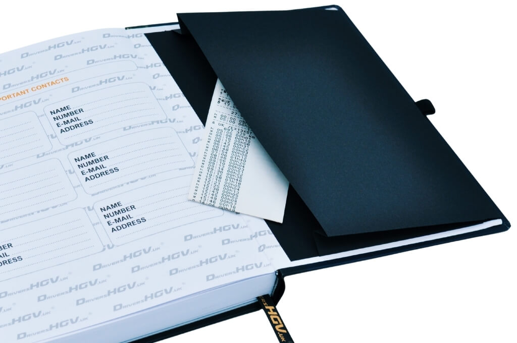 Close-up of HGV Drivers Diary showing the back cover storage pocket with tachograph printouts and important contacts section