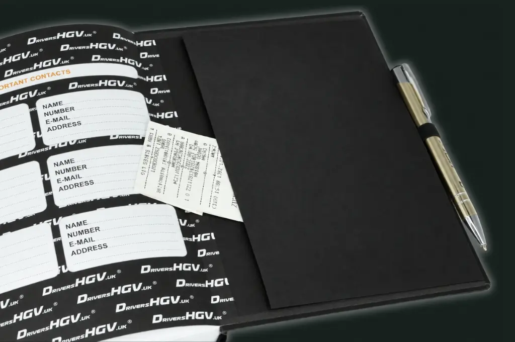 Close-up of HGV Drivers Diary showing the back cover storage pocket with tachograph printouts and important contacts section