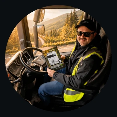Circular portrait of Jacek Chyra, founder of HGV Drivers Diary, smiling inside a truck cab while holding the 2026 diary
