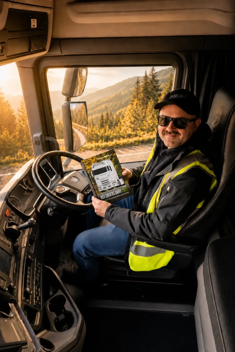 HGV Drivers Diary creator Jacek Chyra holding the 2027 diary in a truck cab