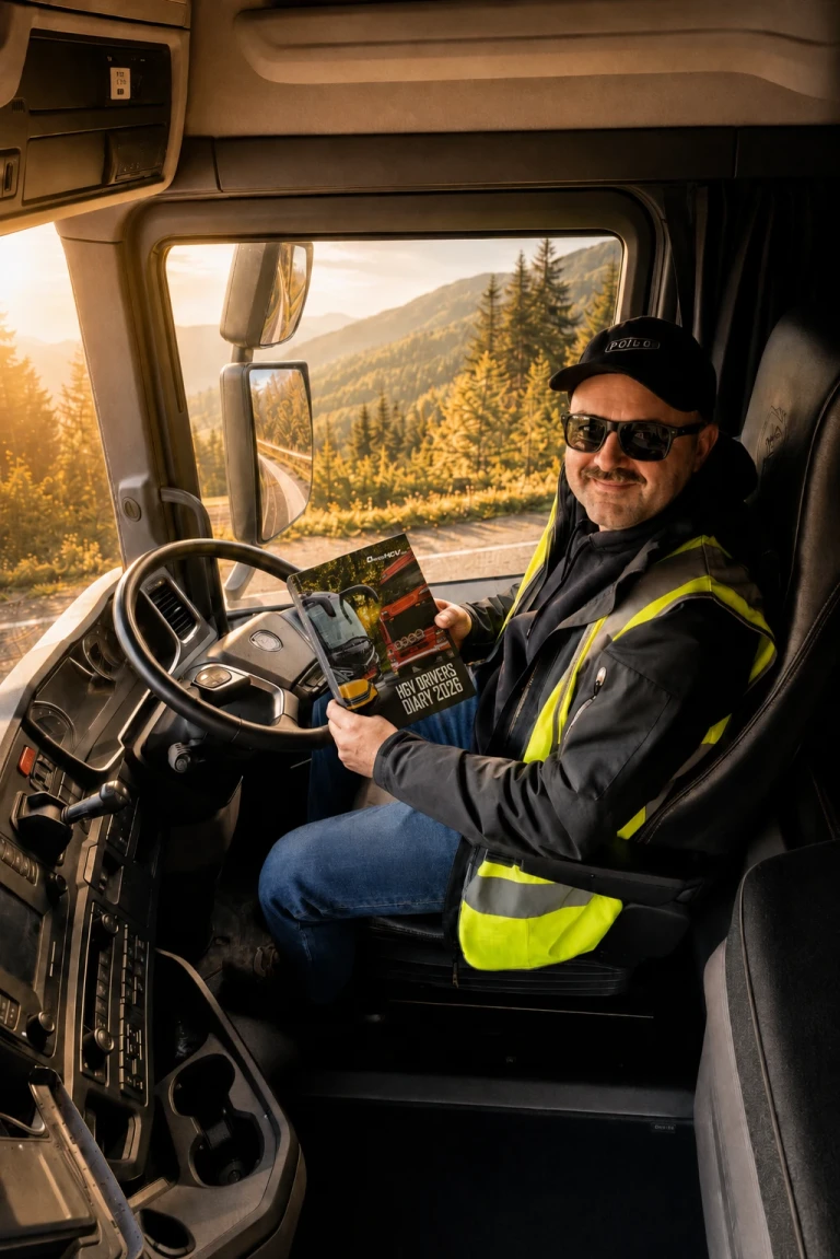 Smiling HGV truck driver wearing high-vis vest sitting in cab holding the 2026 HGV Drivers Diary