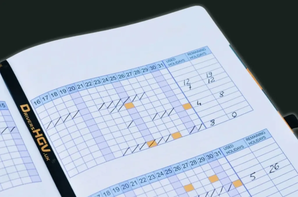 Close-up of HGV Drivers Diary page showing the holiday and annual planner grid section