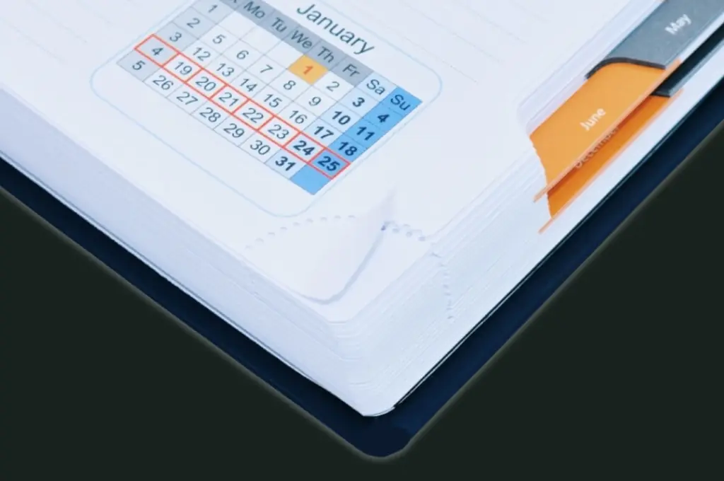 Close-up of HGV Drivers Diary pages showing tear-off perforated page corners and monthly tab dividers