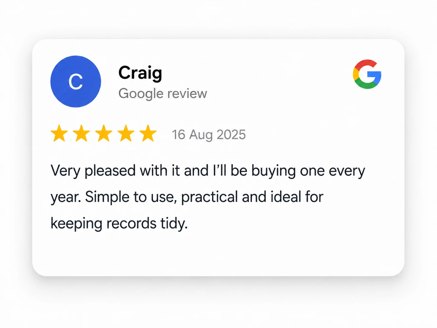 Google review by Craig dated 16 Aug 2025 giving 5 stars and stating the HGV drivers diary is simple to use, practical, ideal for keeping records tidy, and that he will be buying one every year