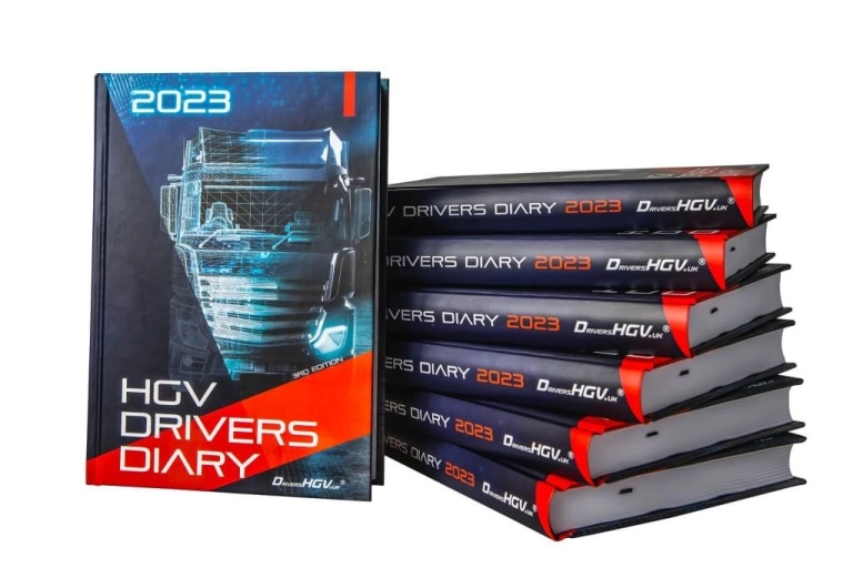 3rd Edition 2023 HGV Drivers Diary cover design and stacked hardback diaries