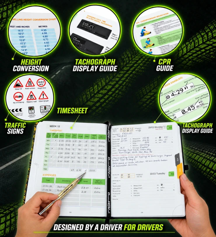 HGV Drivers Diary 2027 with timesheet, tachograph display guides, traffic signs, height conversion and CPR guide