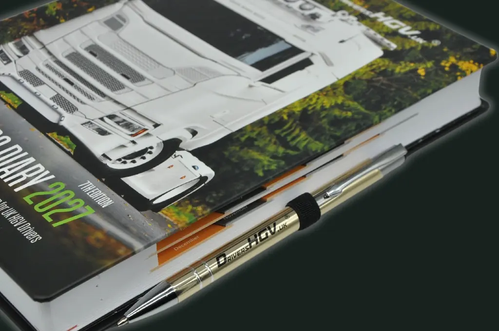 pen HGV Drivers Diary featuring an elastic closure strap, monthly summary section, and monthly index tabs