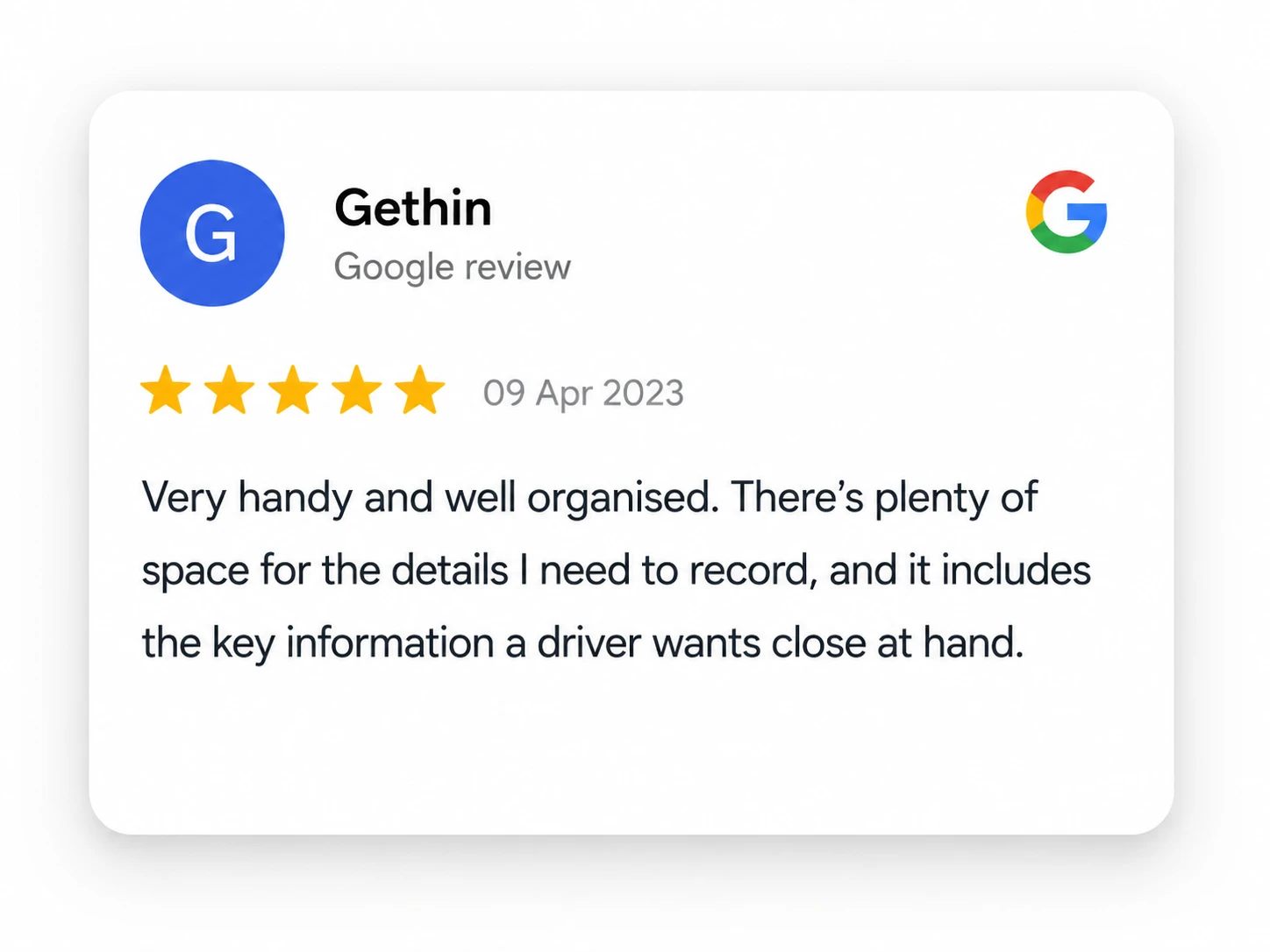 Google review by Gethin dated 09 Apr 2023 giving 5 stars and stating the HGV drivers diary is very handy, well organised, with plenty of space for details and key information close at hand