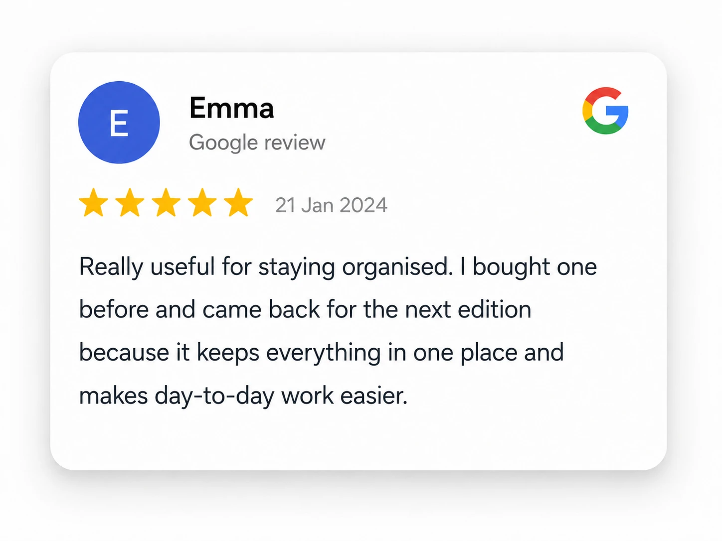 Google review by Emma dated 21 Jan 2024 giving 5 stars and stating the HGV drivers diary is really useful for staying organised, keeps everything in one place, and makes day-to-day work easier
