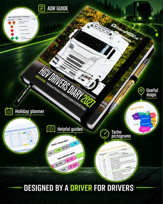 HGV Drivers Diary 2027 planner and organiser infographic with ADR guide, holiday planner, useful maps, helpful guides and tacho pictograms