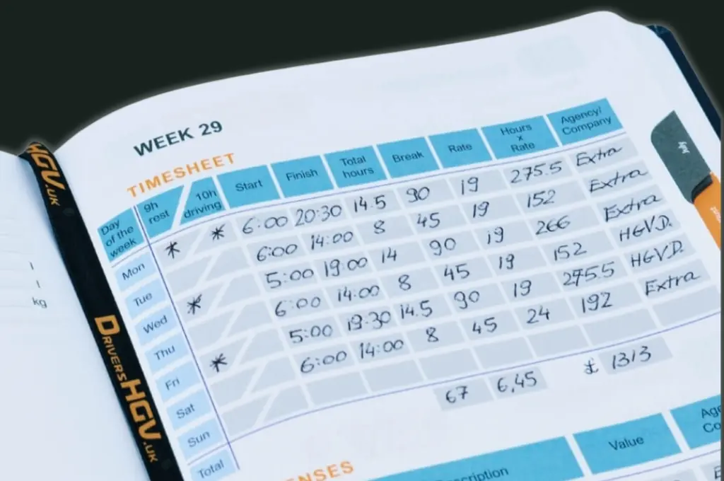 Filled-in timesheet page in the HGV Drivers Diary recording daily working hours