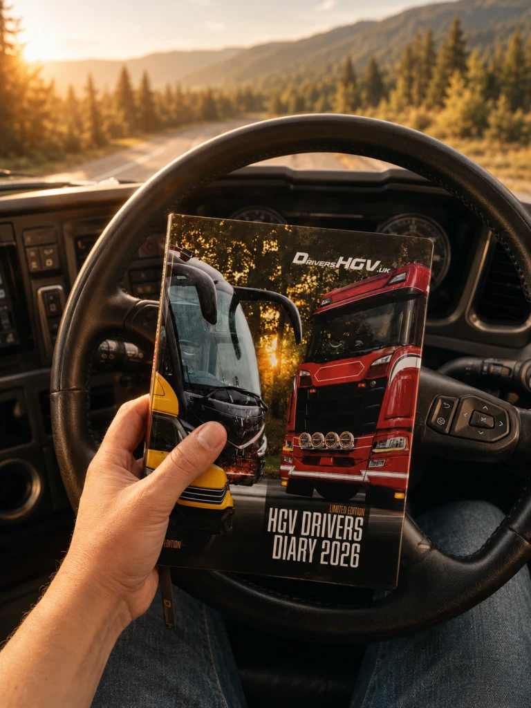 Hand holding HGV Drivers Diary 2026 inside a truck cab on a scenic road at sunset