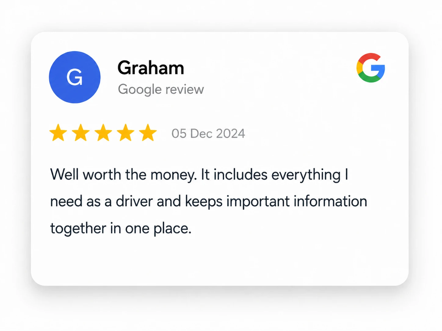 Google review by Graham dated 05 Dec 2024 giving 5 stars and stating the HGV drivers diary is well worth the money, includes everything a driver needs, and keeps important information together in one place