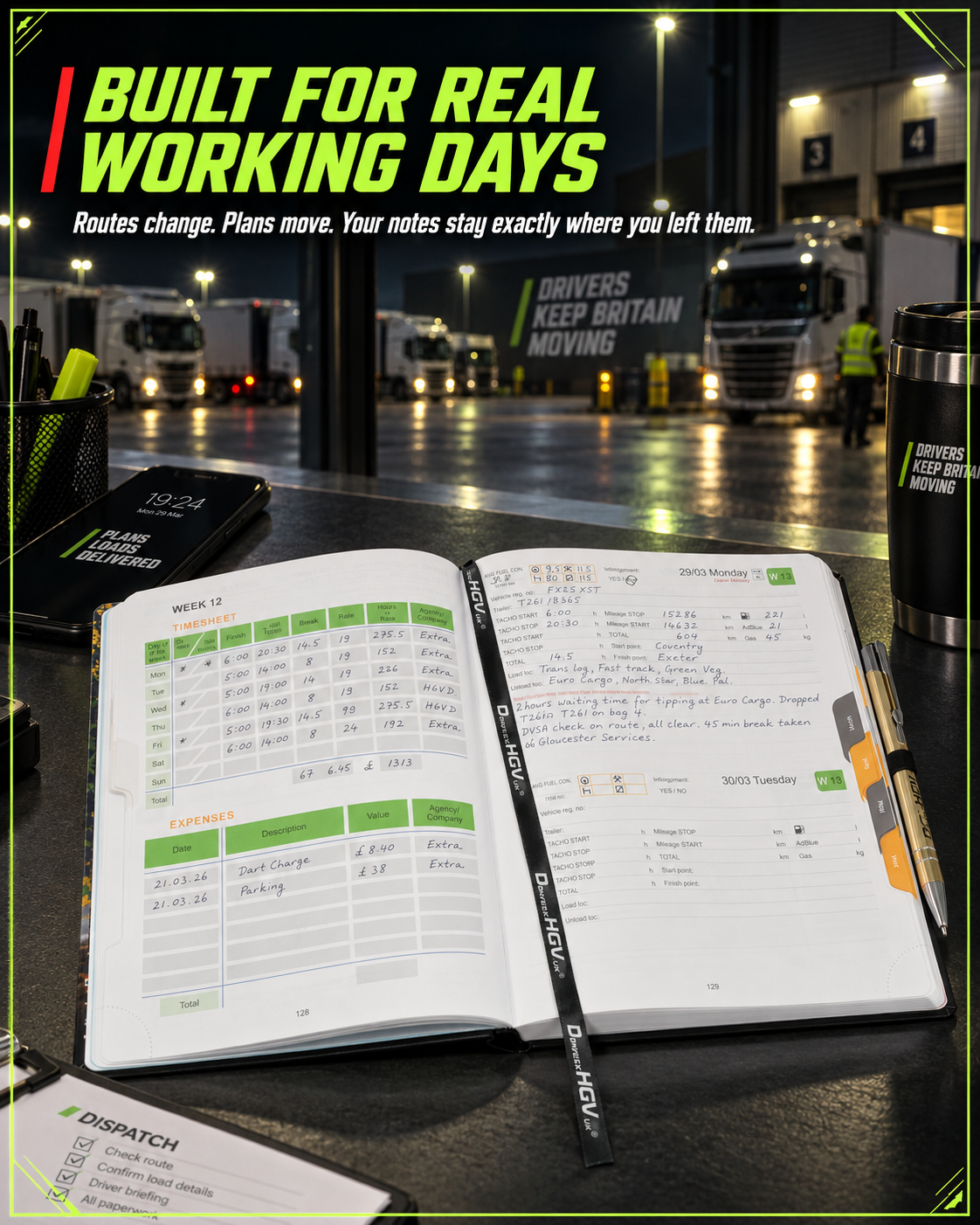 HGV Drivers Diary 2027 open on a transport office desk showing daily driving records