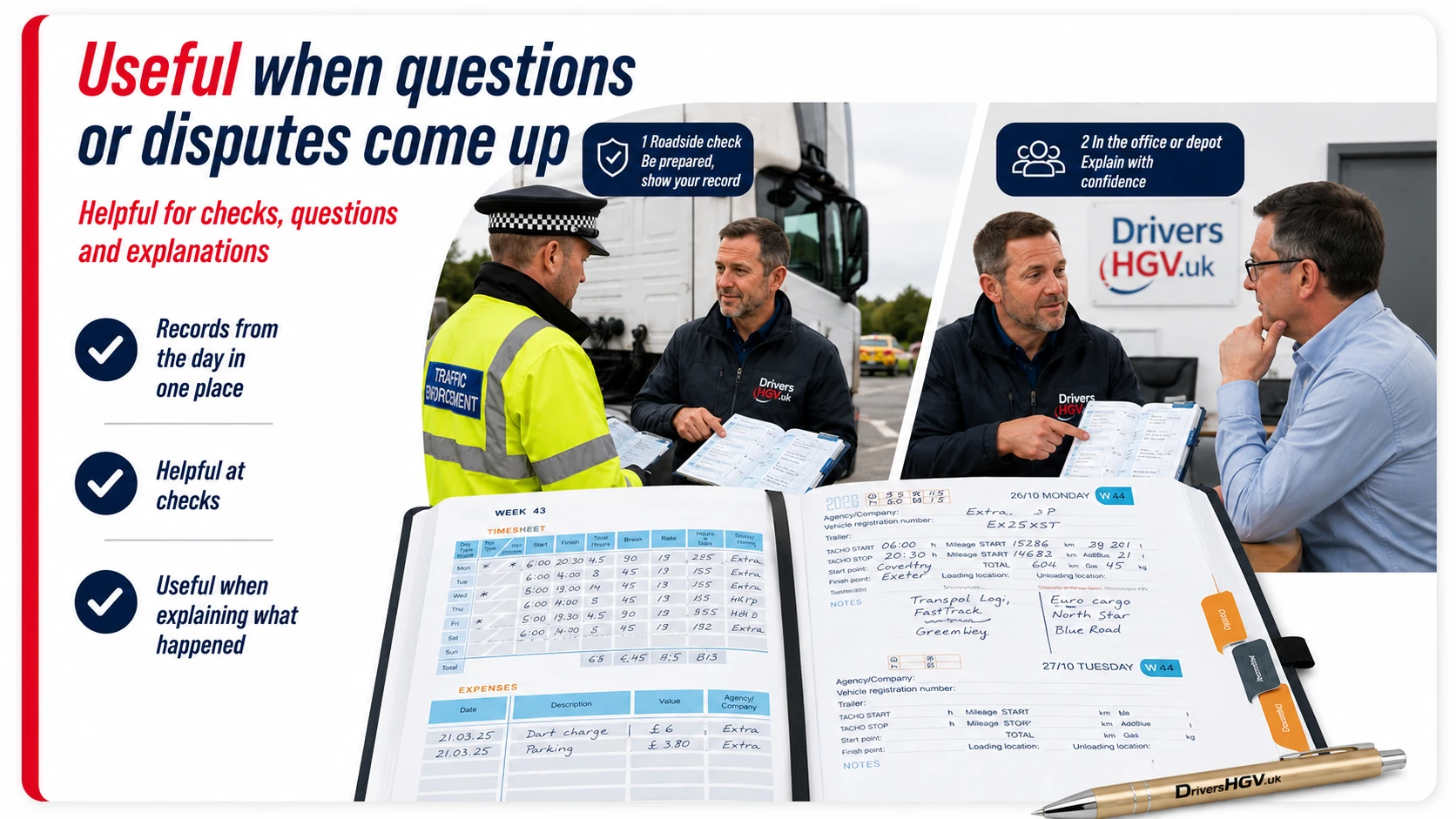 HGV Drivers Diary useful for roadside checks, workplace questions and driver disputes