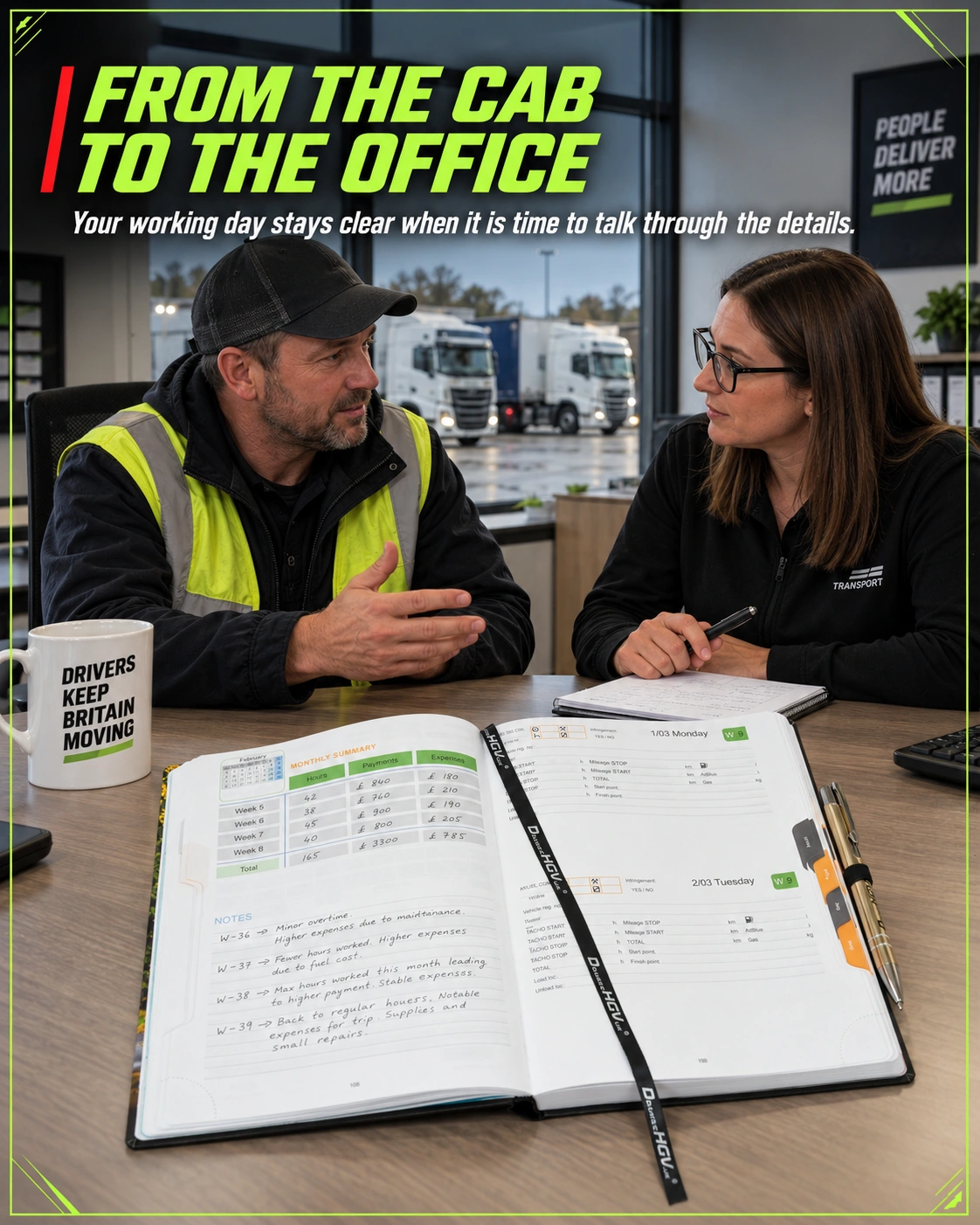 HGV Drivers Diary 2027 open on an office desk during a discussion about driving records