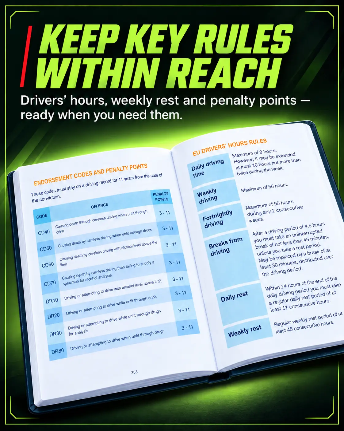 Open HGV Drivers Diary 2027 showing drivers’ hours and penalty points guidance
