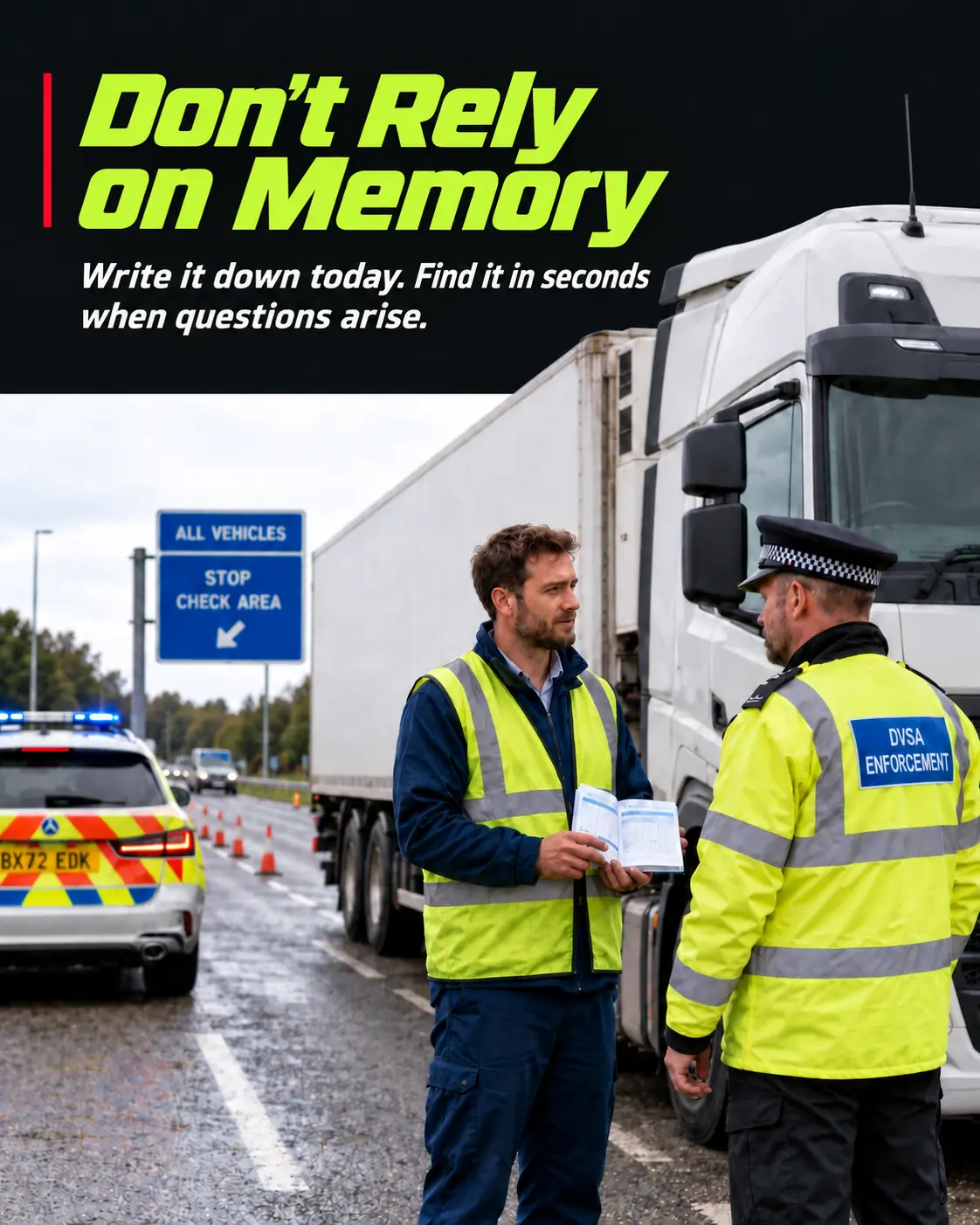 HGV driver using written diary notes during a roadside or DVSA check