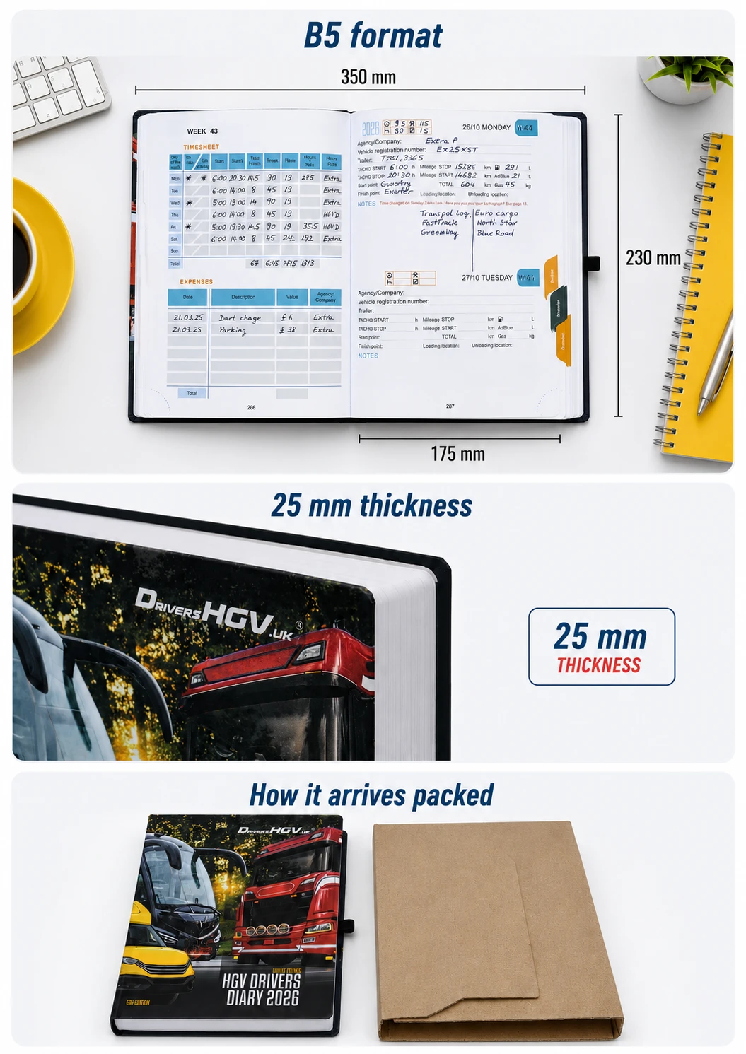 HGV Drivers Diary 2026 B5 format, 25 mm thickness and packed product view