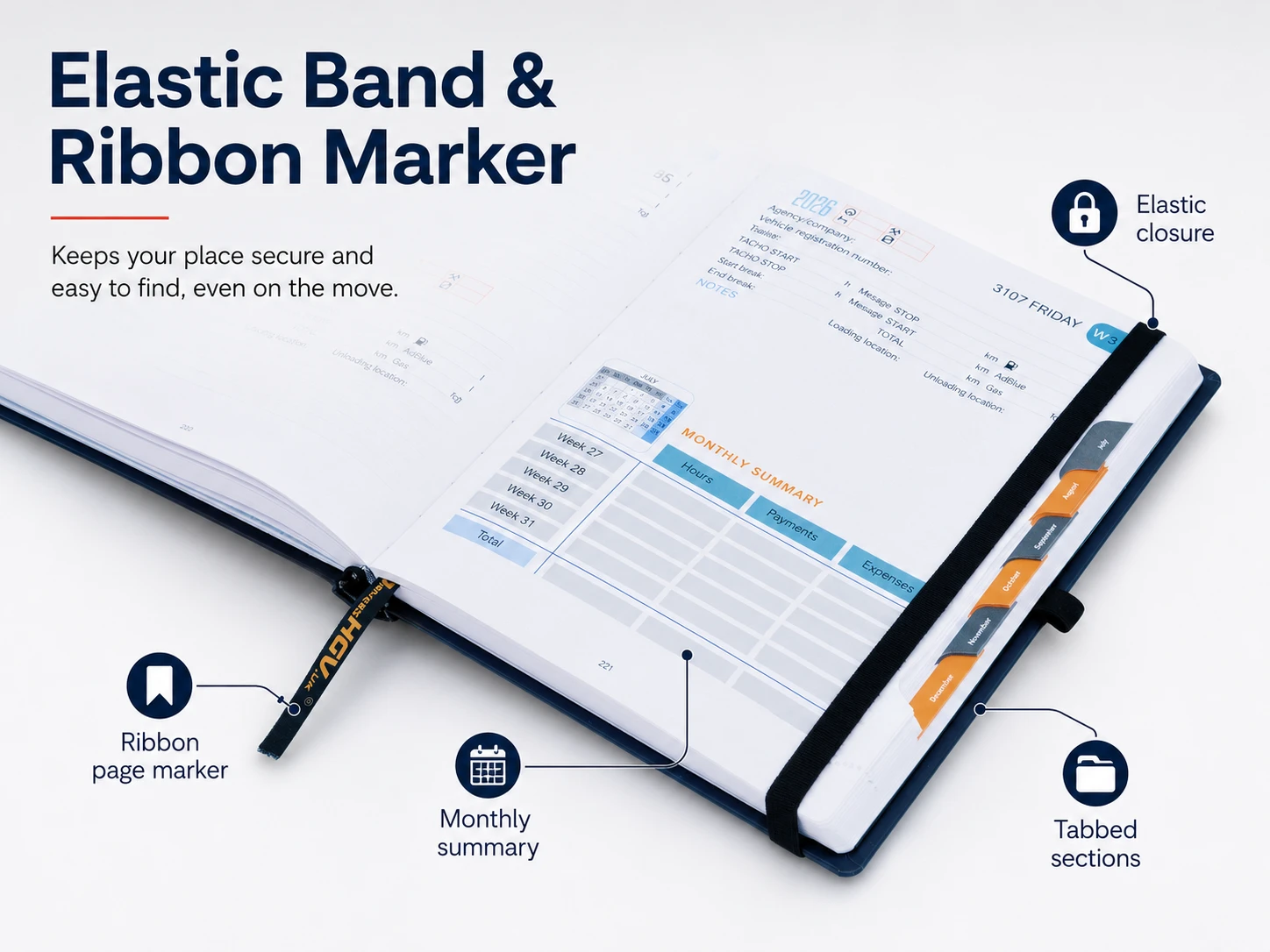 HGV Drivers Diary 2026 with elastic band and ribbon page marker