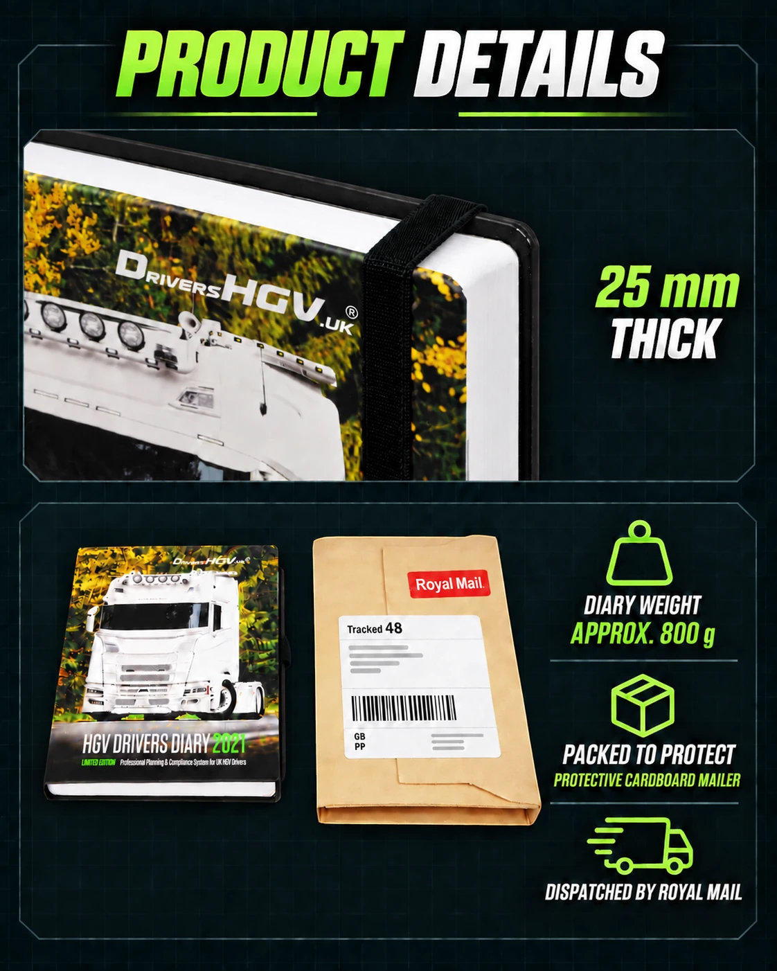 HGV Drivers Diary 2027 showing 25 millimetre thickness, approximate 800 gram weight and protective Royal Mail packaging