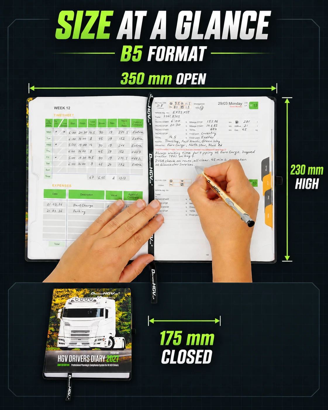 HGV Drivers Diary 2027 B5 dimensions showing 175 by 230 millimetres closed and 350 millimetres open
