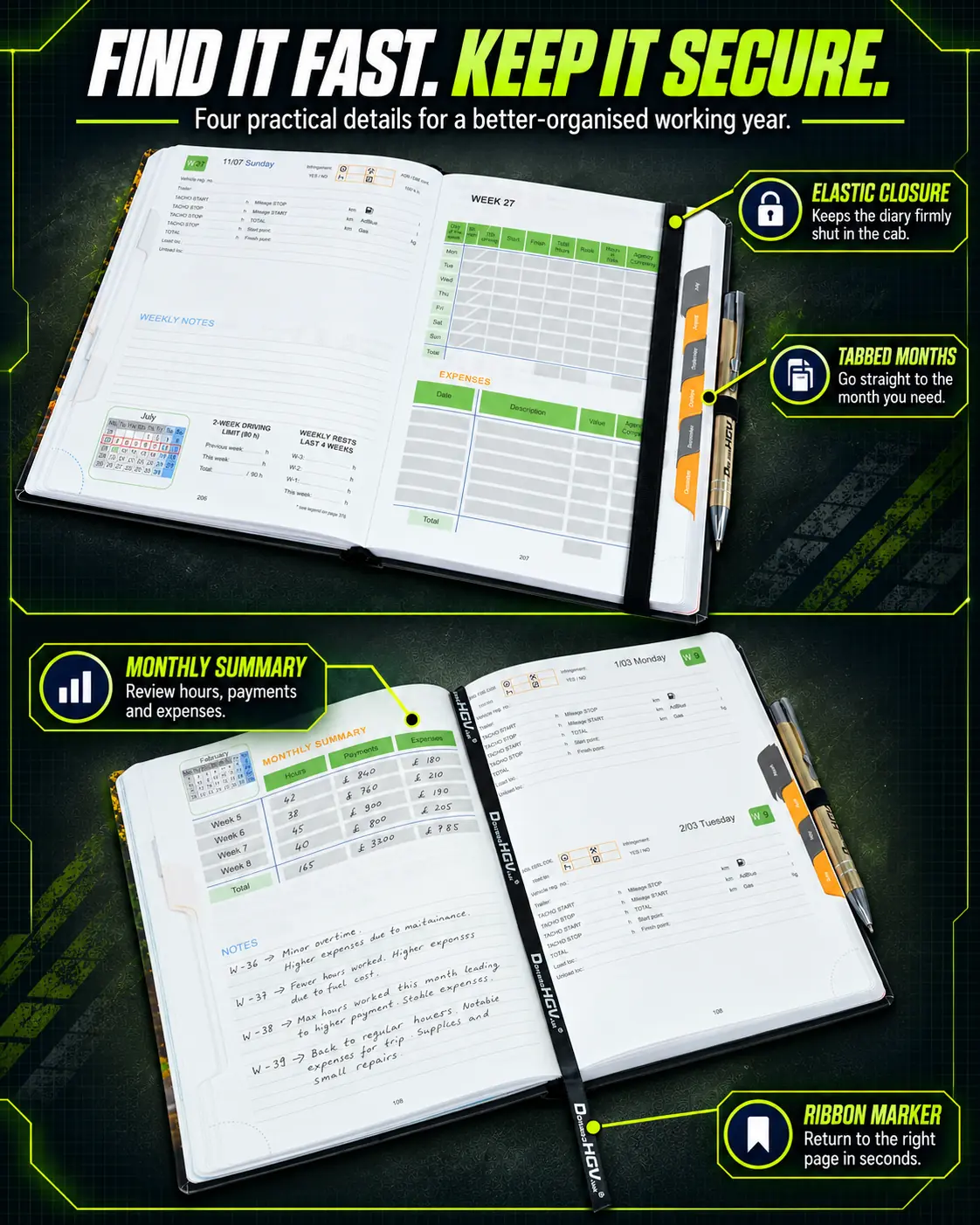 HGV Drivers Diary 2027 with elastic closure, visible ribbon page marker, monthly tabs and monthly summary