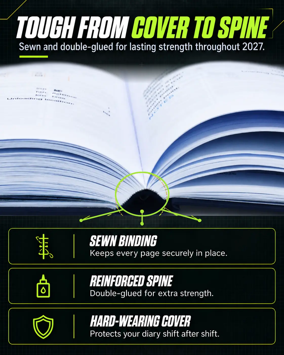 Durable B5 HGV Drivers Diary 2027 with sewn binding, double-glued spine and hardback cover