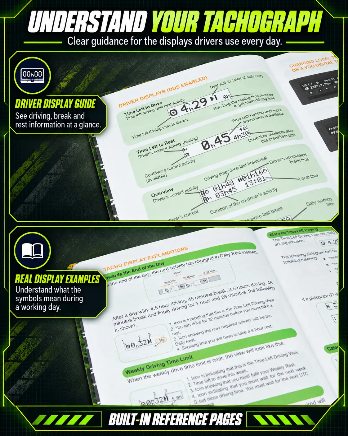 HGV Drivers Diary 2027 digital tachograph display guide with driving, break and rest examples