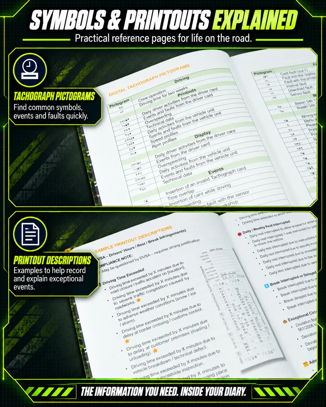 HGV Drivers Diary 2027 tachograph pictograms, event and fault codes, and printout explanation pages